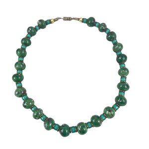 Vintage 16” Green Ceramic Beaded Necklace With Barrel Clasp 1970s